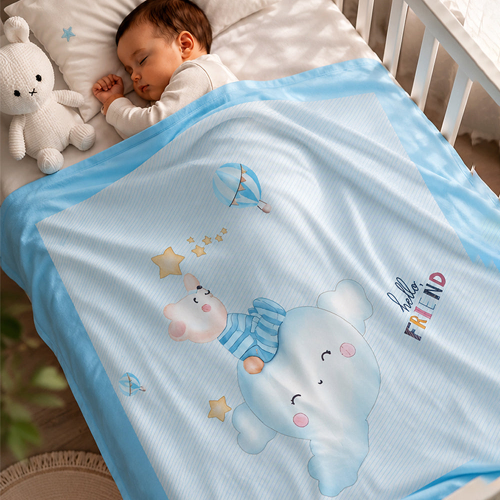 Blue Hello Friend Hot Air Bear Soft Cotton Winter Blanket for Newborn & Infants with Free Storage Pouch