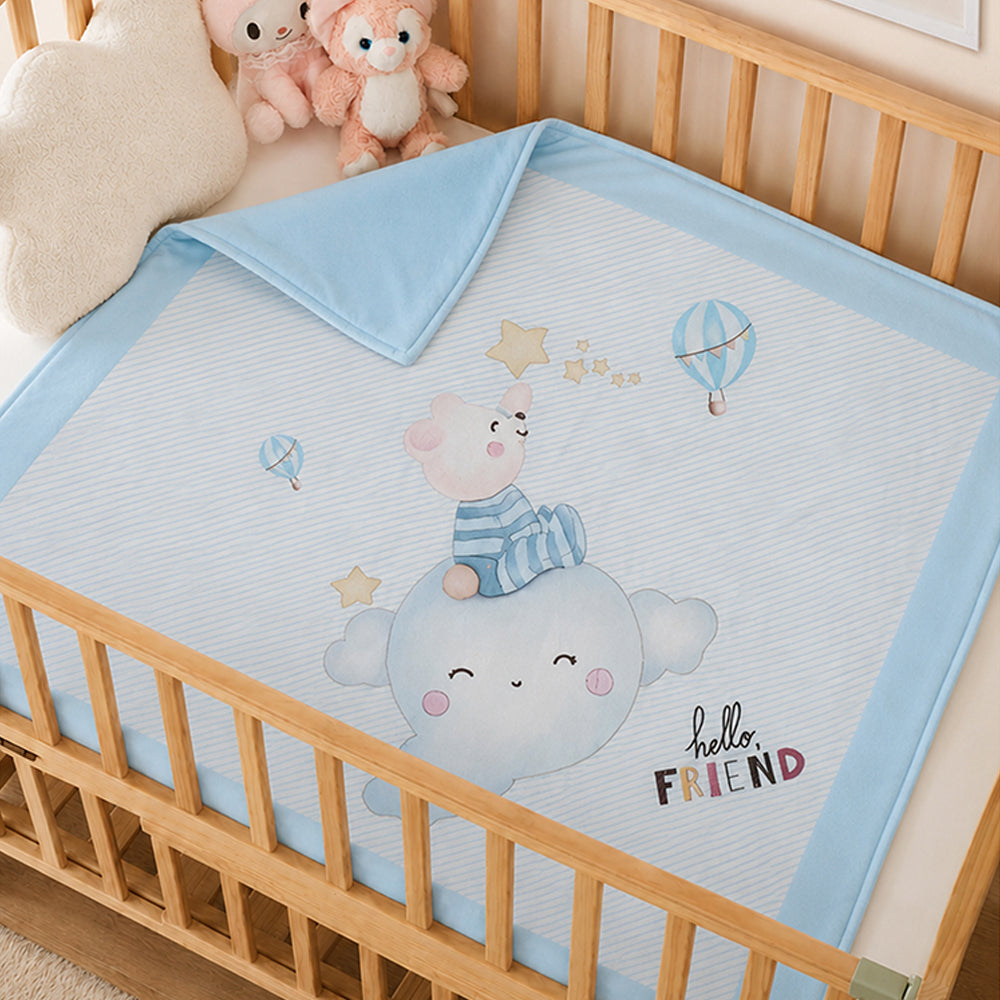 Blue Hello Friend Hot Air Bear Soft Cotton Winter Blanket for Newborn & Infants with Free Storage Pouch