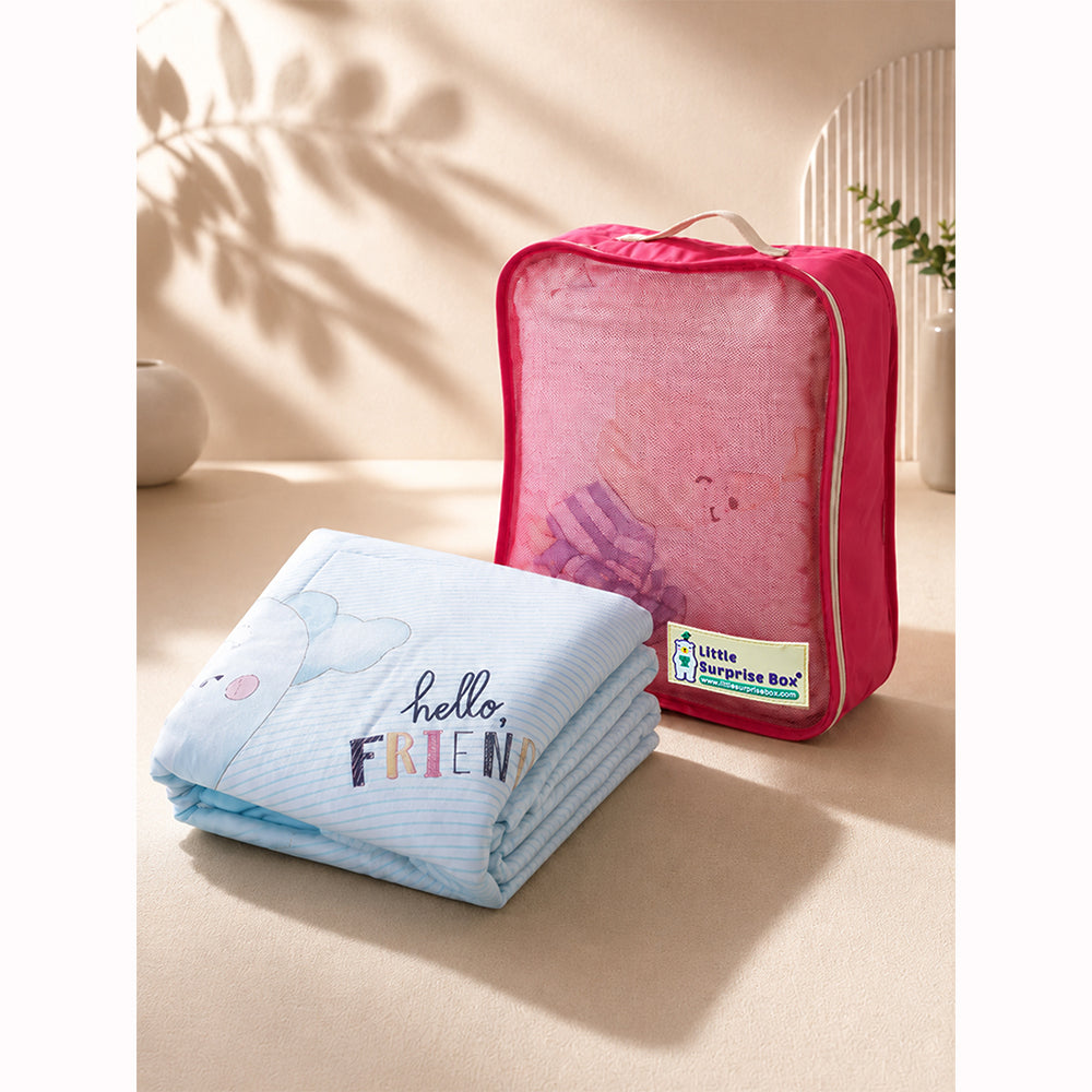 Blue Hello Friend Hot Air Bear Soft Cotton Winter Blanket for Newborn & Infants with Free Storage Pouch