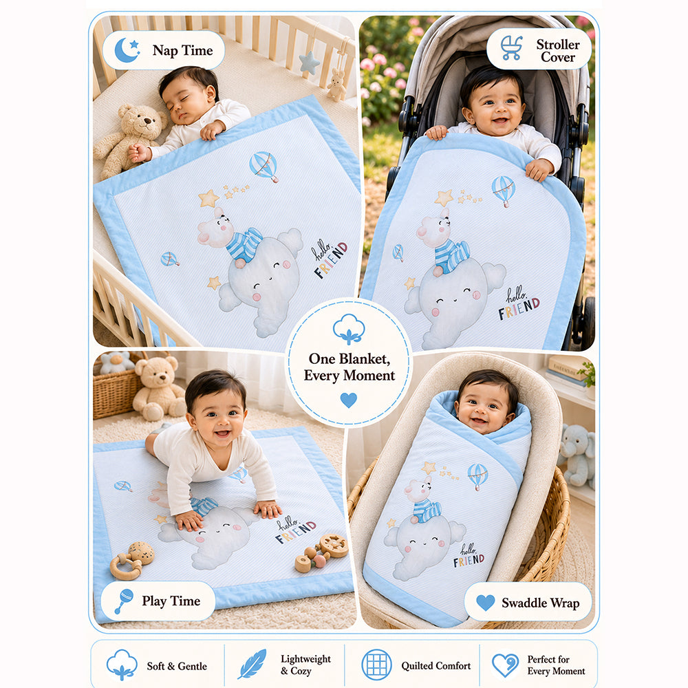 Blue Hello Friend Hot Air Bear Soft Cotton Winter Blanket for Newborn & Infants with Free Storage Pouch