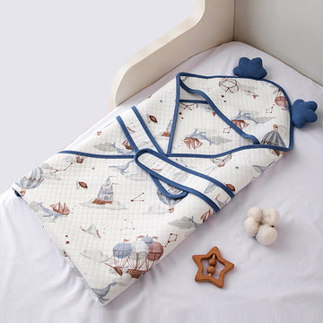 Blue Baloon muslin cotton Wrapper with Hood for Newborn & Infants