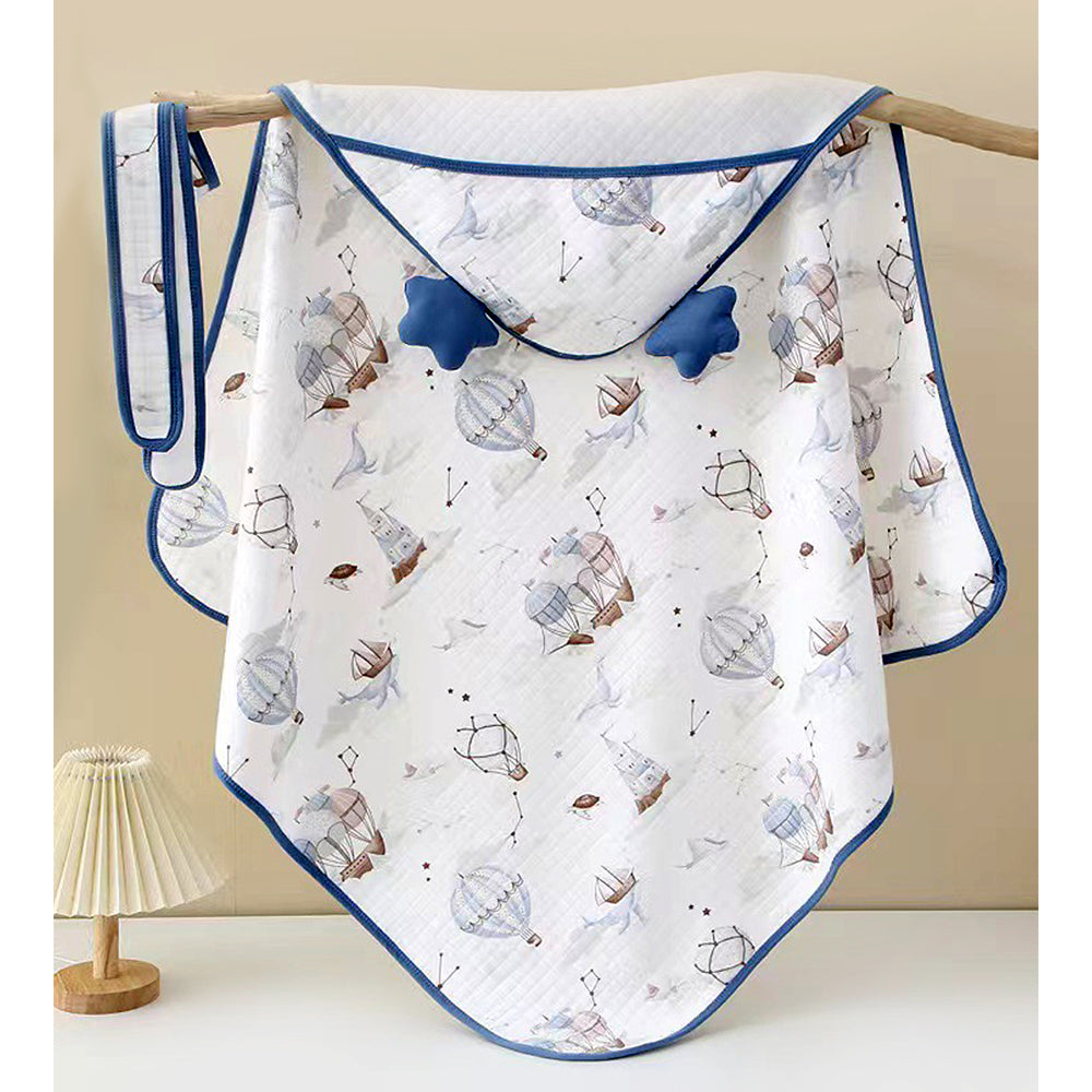 Blue Baloon muslin cotton Wrapper with Hood for Newborn & Infants