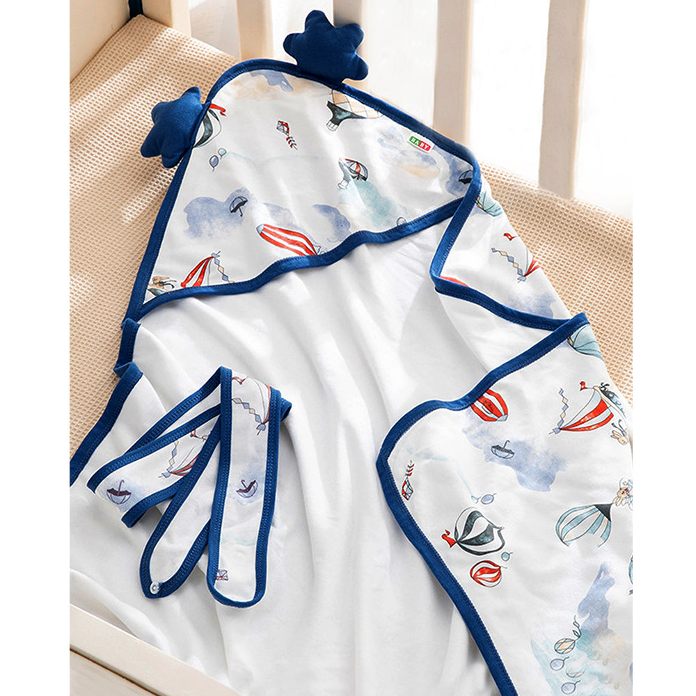 Blue Baloon muslin cotton Wrapper with Hood for Newborn & Infants