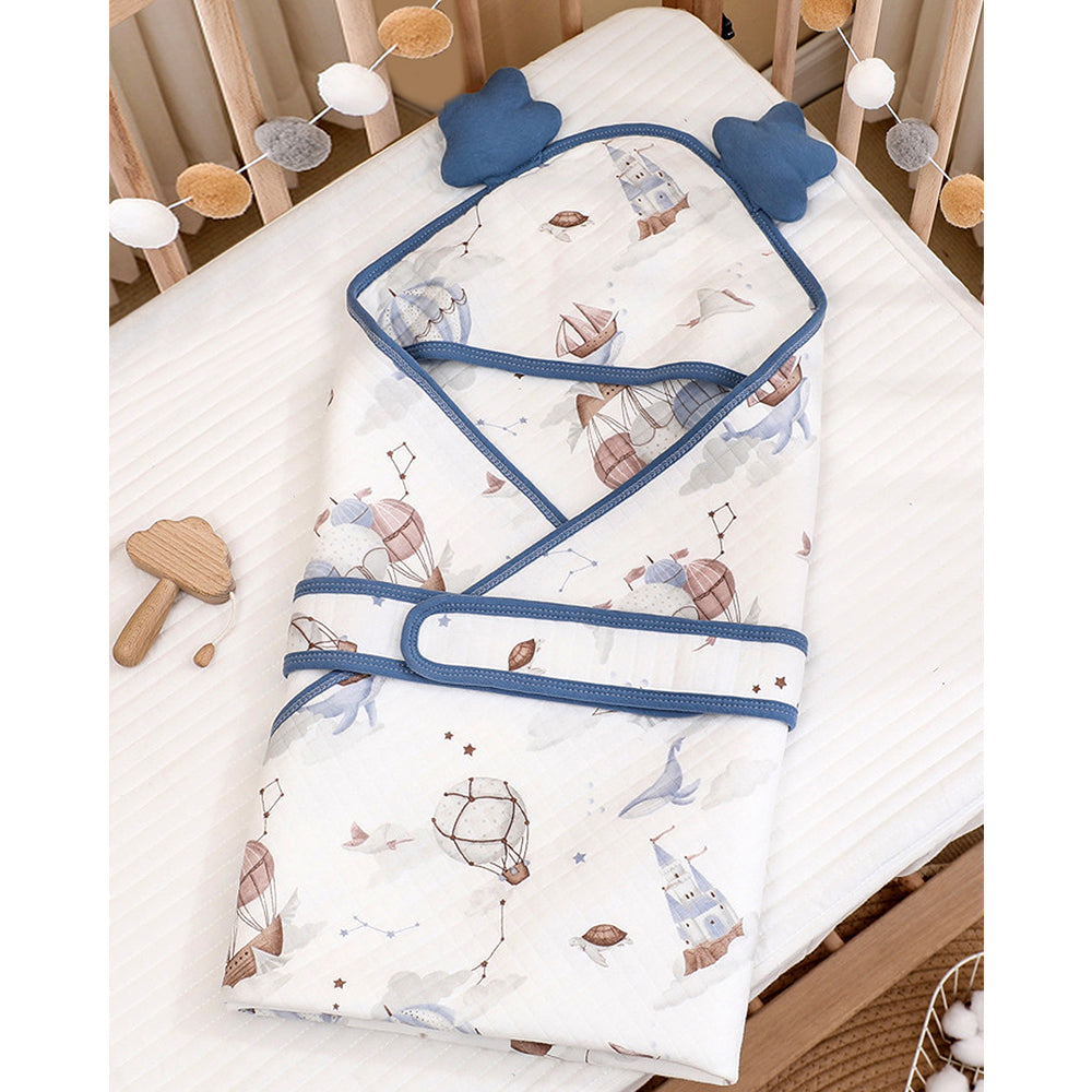 Blue Baloon muslin cotton Wrapper with Hood for Newborn & Infants