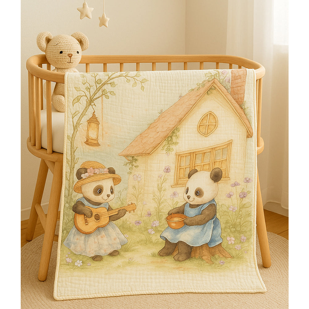 Blue Frock Panda print Super Soft Breathable pure Muslin cotton Blanket for Infants