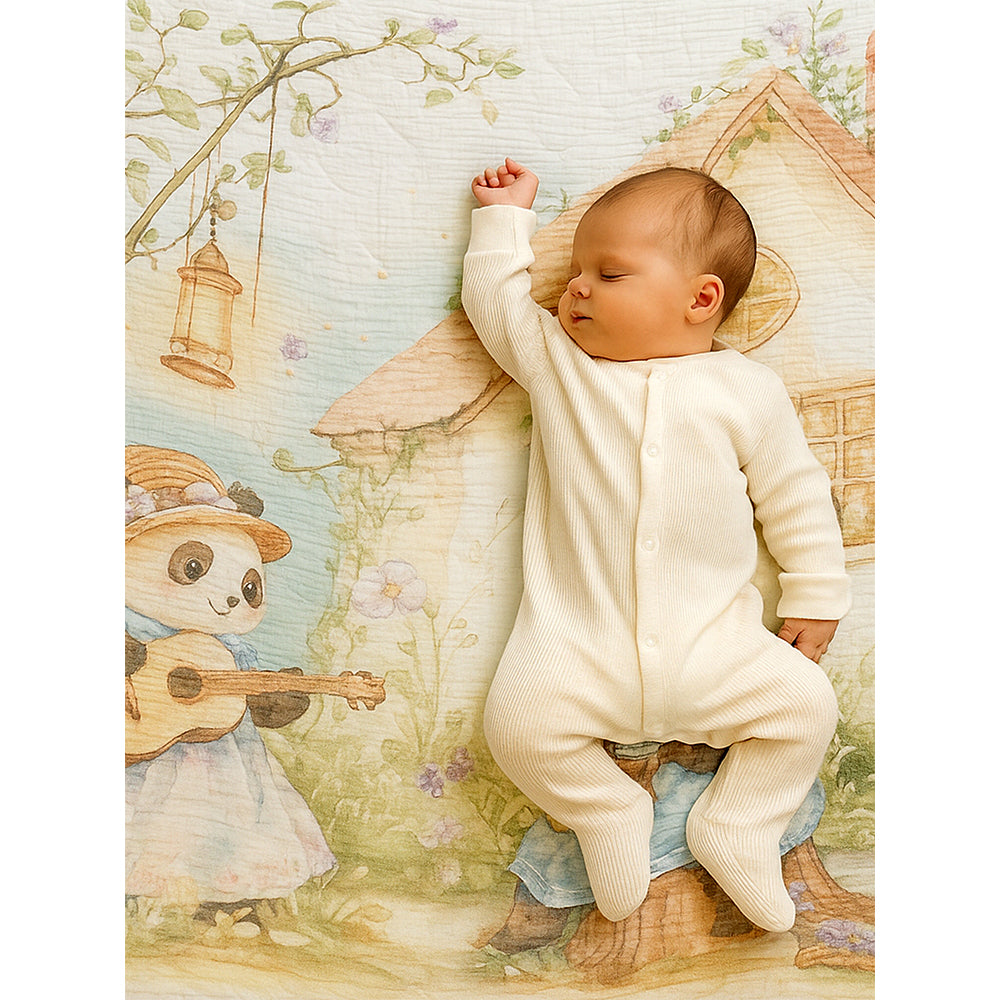 Blue Frock Panda print Super Soft Breathable pure Muslin cotton Blanket for Infants