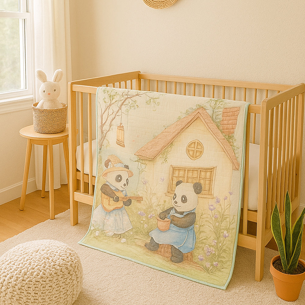 Blue Frock Panda print Super Soft Breathable pure Muslin cotton Blanket for Infants