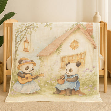 Blue Frock Panda print Super Soft Breathable pure Muslin cotton Blanket for Infants