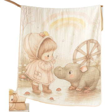 Little Girl & Rhino print Super Soft Breathable pure Muslin cotton Blanket for Infants