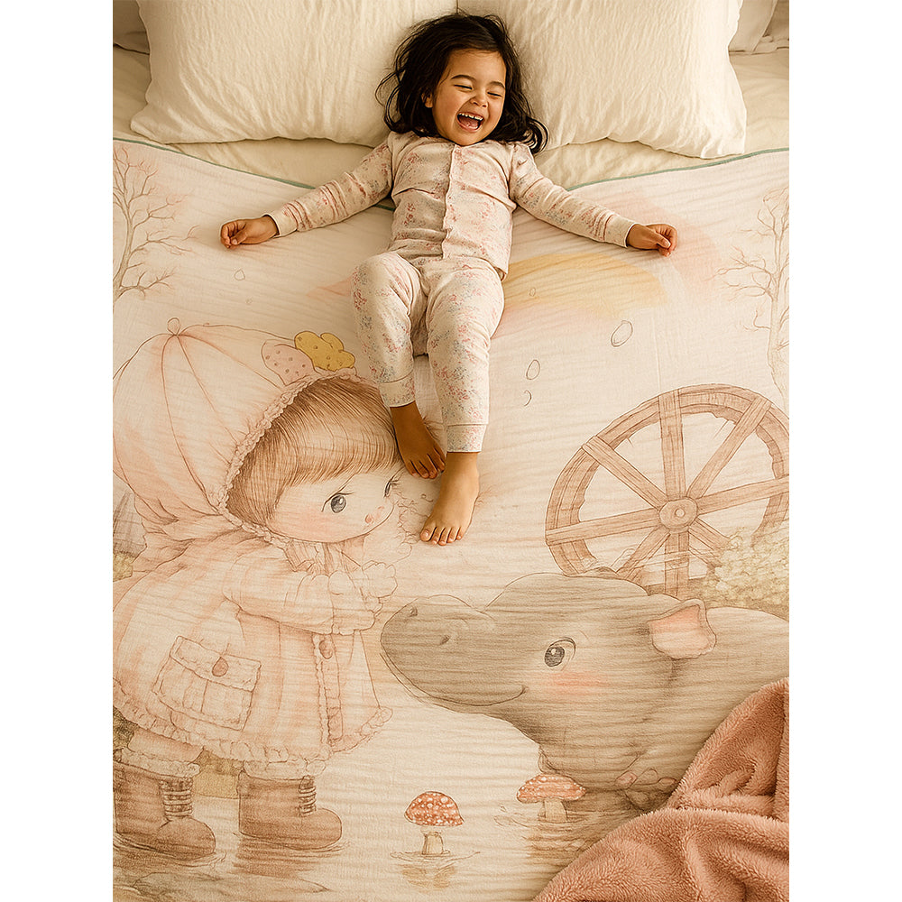 Little Girl & Rhino print Super Soft Breathable pure Muslin cotton Blanket for Infants