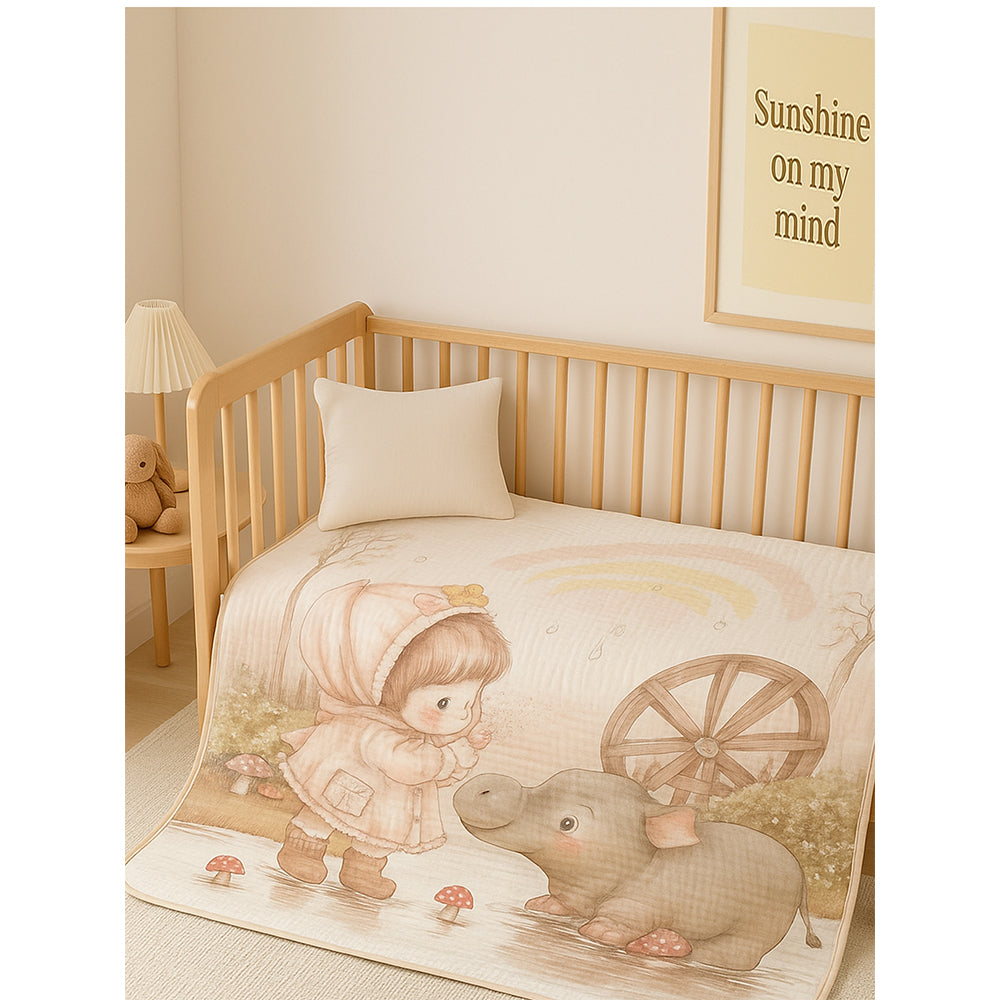 Little Girl & Rhino print Super Soft Breathable pure Muslin cotton Blanket for Infants