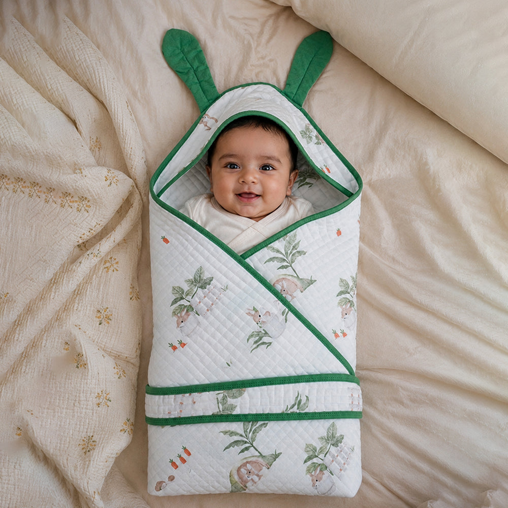 Green Bunny World Wrapper Blanket with Hood for Newborn and Infants