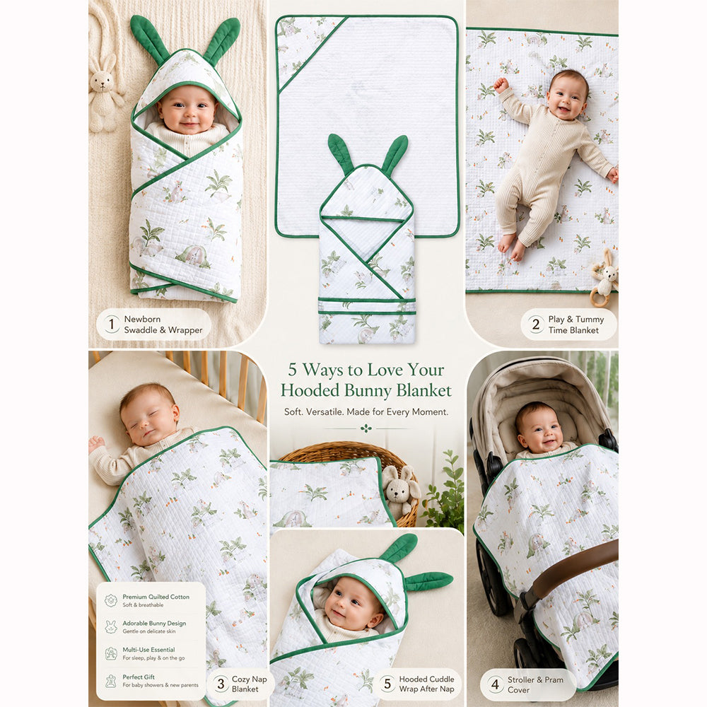 Green Bunny World Wrapper Blanket with Hood for Newborn and Infants