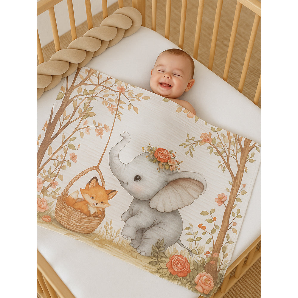 Grey Elephant woodland print Super Soft Breathable pure Muslin cotton Blanket for Infants