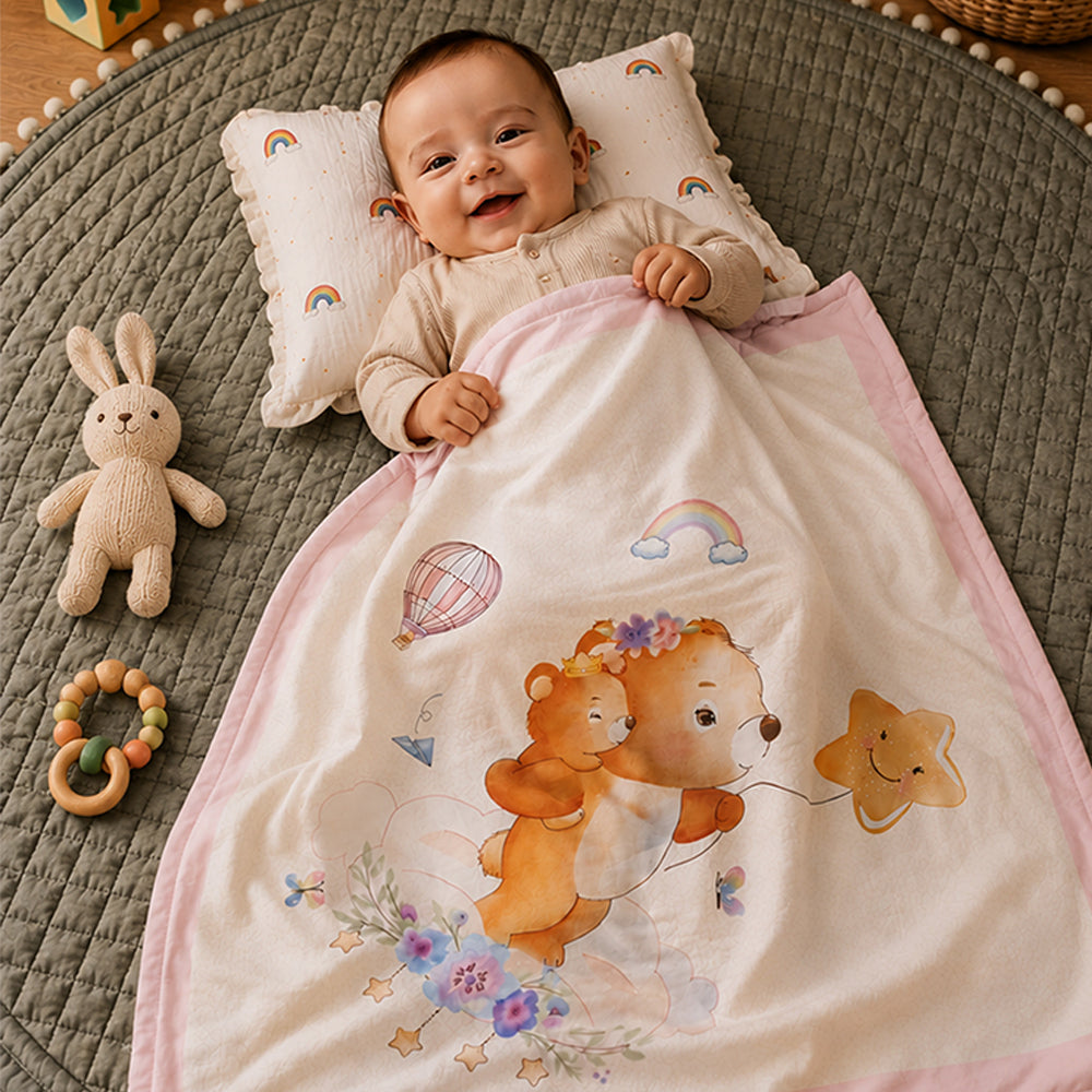 Bear & Star dreams Soft Cotton Winter Blanket for Newborn & Infants with Free Storage Pouch