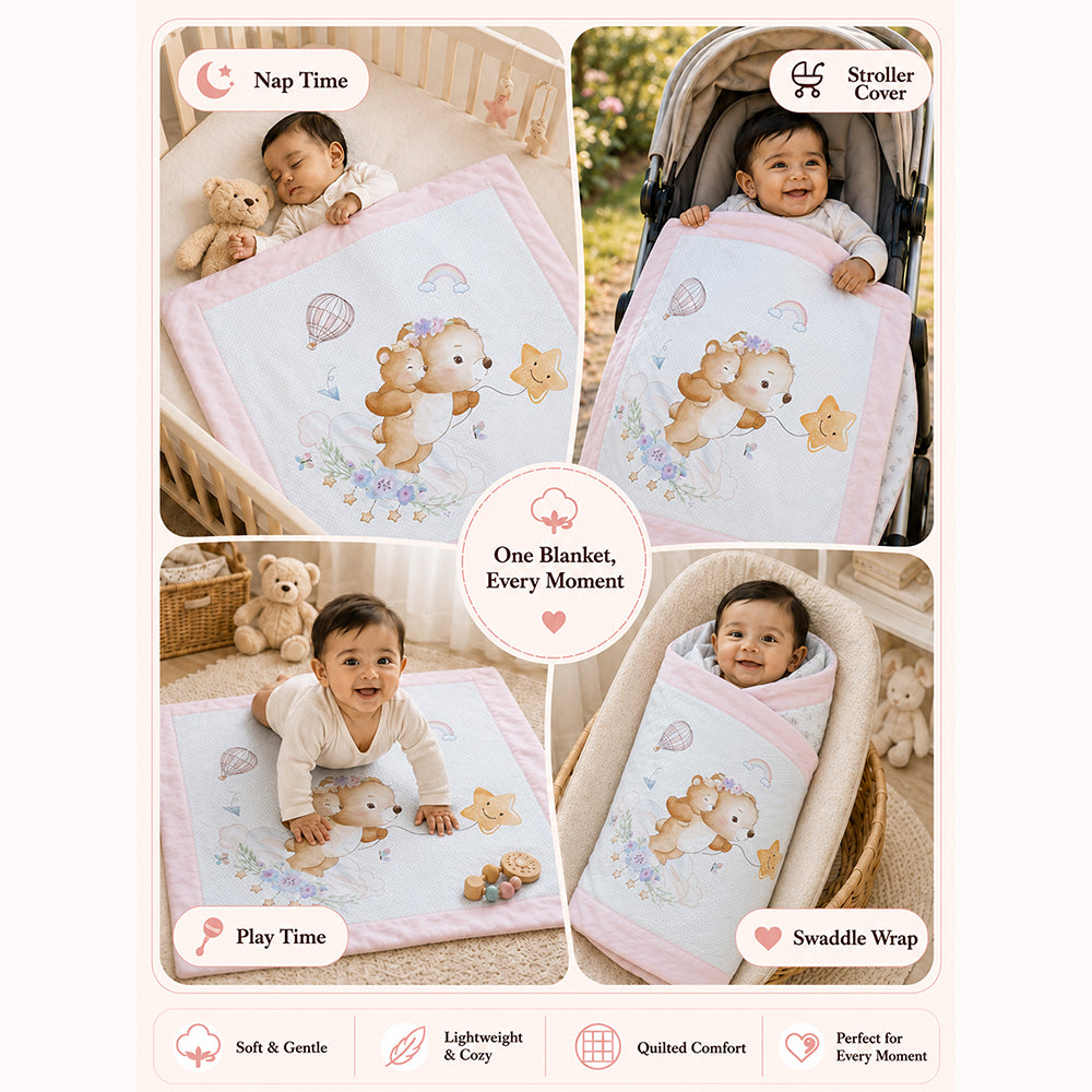 Bear & Star dreams Soft Cotton Winter Blanket for Newborn & Infants with Free Storage Pouch