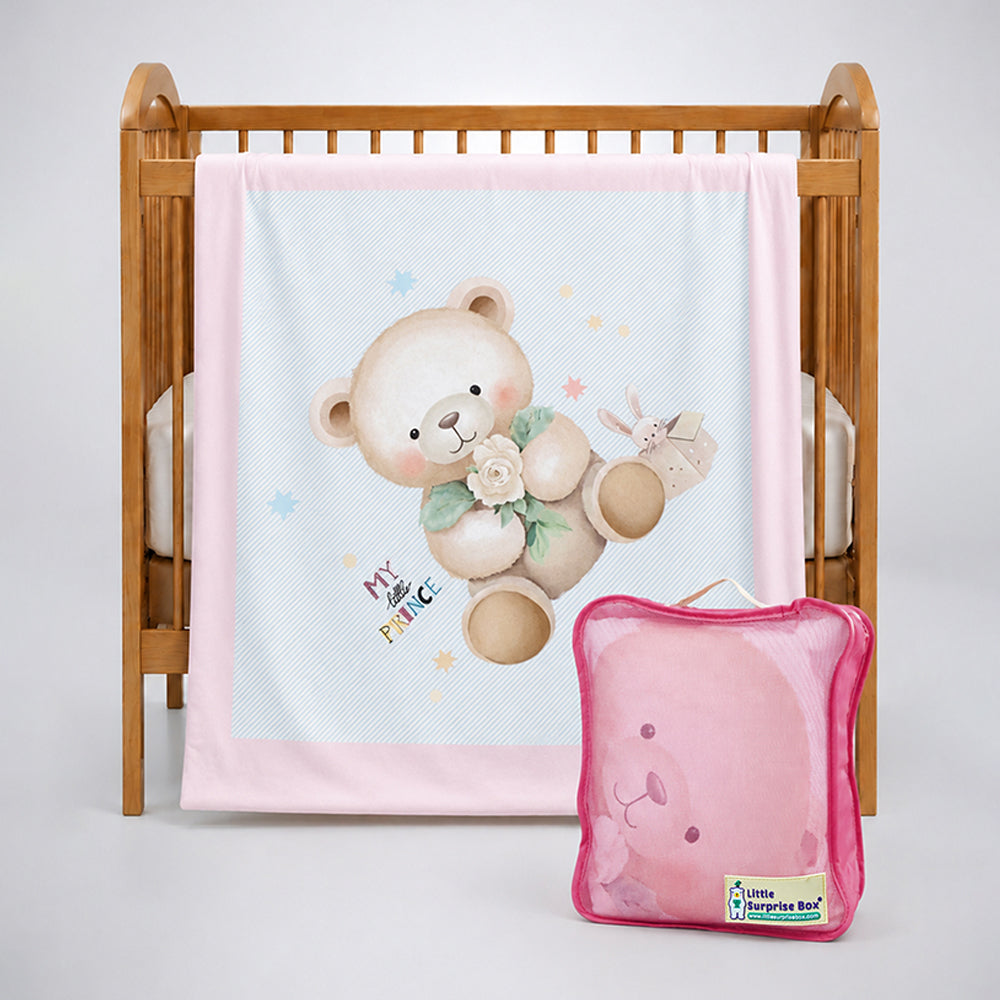 Pink, Prince Bear Soft Cotton Winter Blanket for Newborn & Infants with Free Storage Pouch