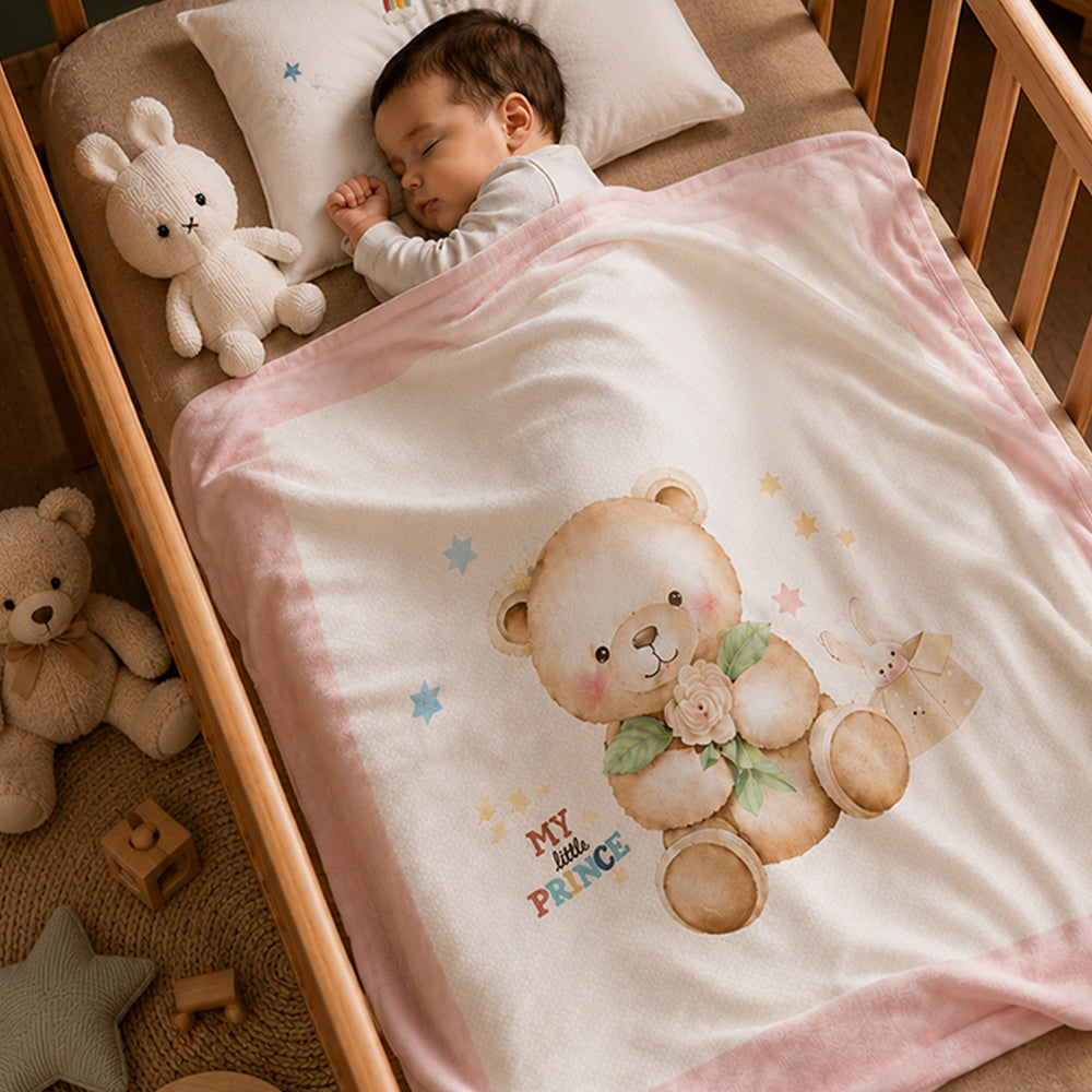 Pink, Prince Bear Soft Cotton Winter Blanket for Newborn & Infants with Free Storage Pouch