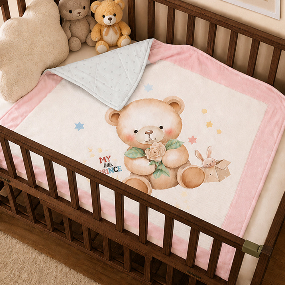 Pink, Prince Bear Soft Cotton Winter Blanket for Newborn & Infants with Free Storage Pouch