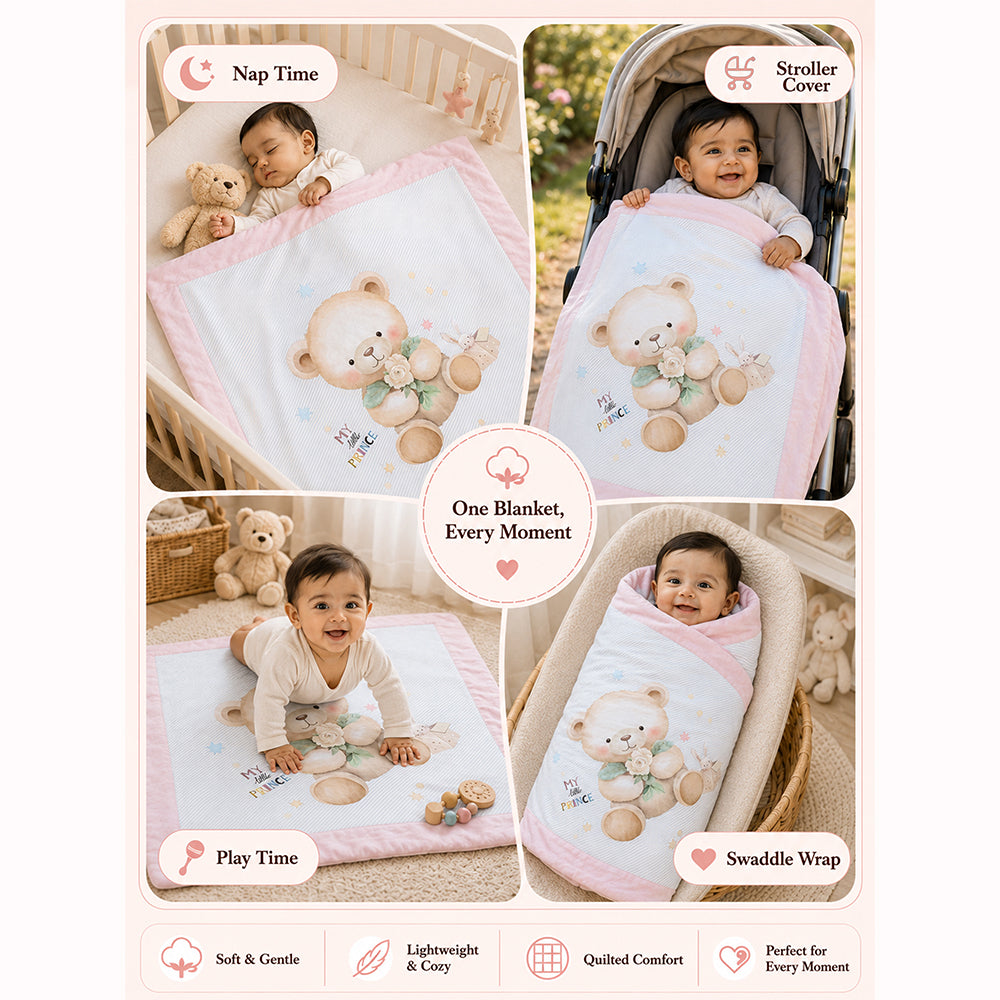 Pink, Prince Bear Soft Cotton Winter Blanket for Newborn & Infants with Free Storage Pouch