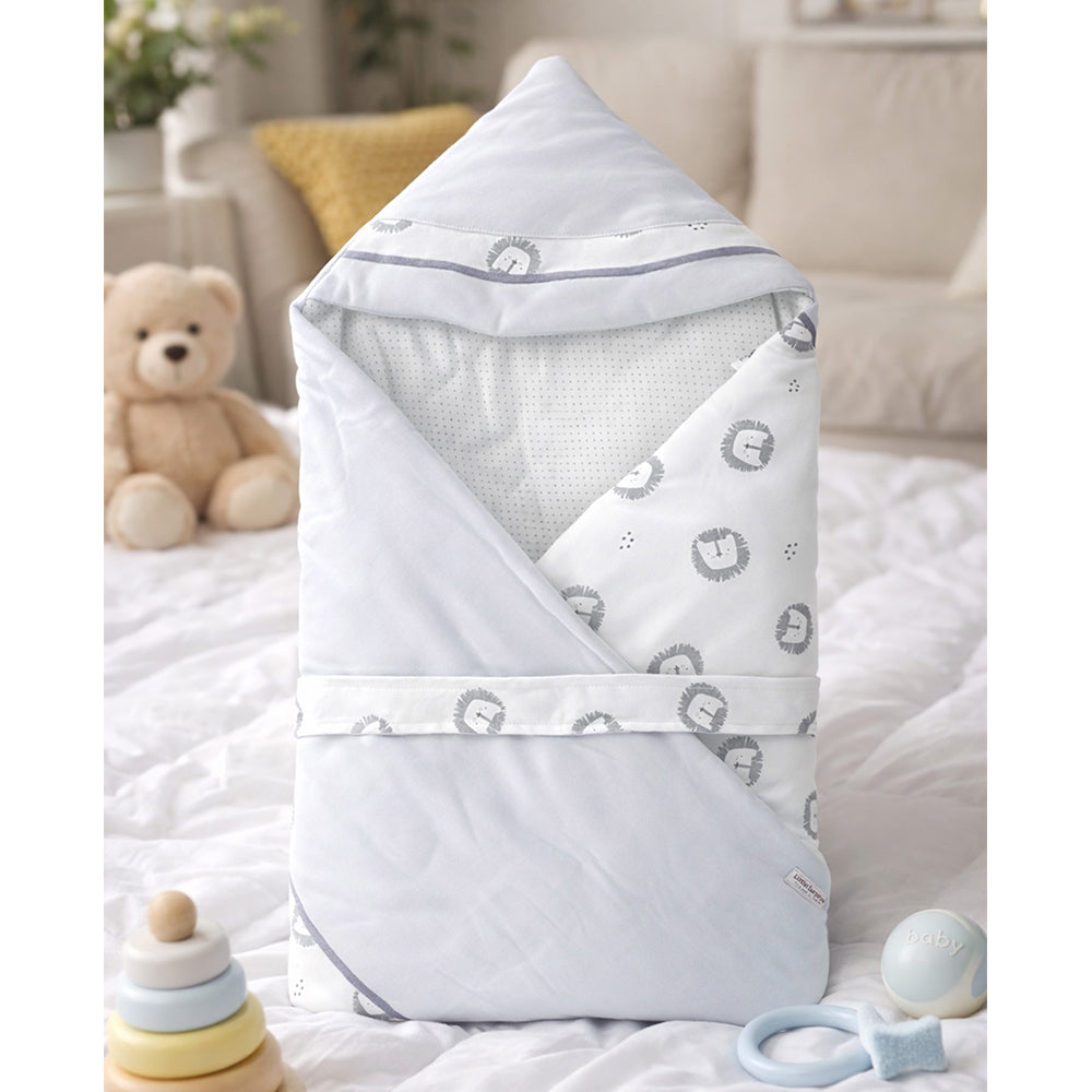 Grey Lion Theme Soft plush Cotton Winter Wrapper with Hood for Newborn & Infants with Free storage Pouch