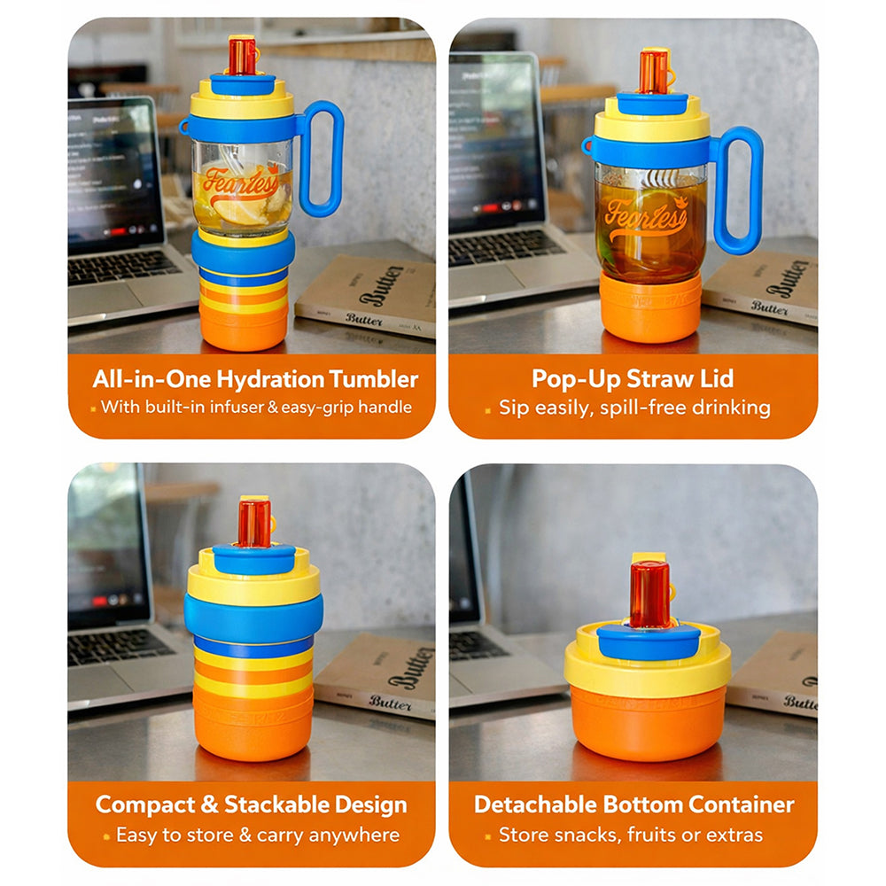 Blue Orange 4 in one Water Bottle , infuser & mini snack box for teens and Adults, 1000ml