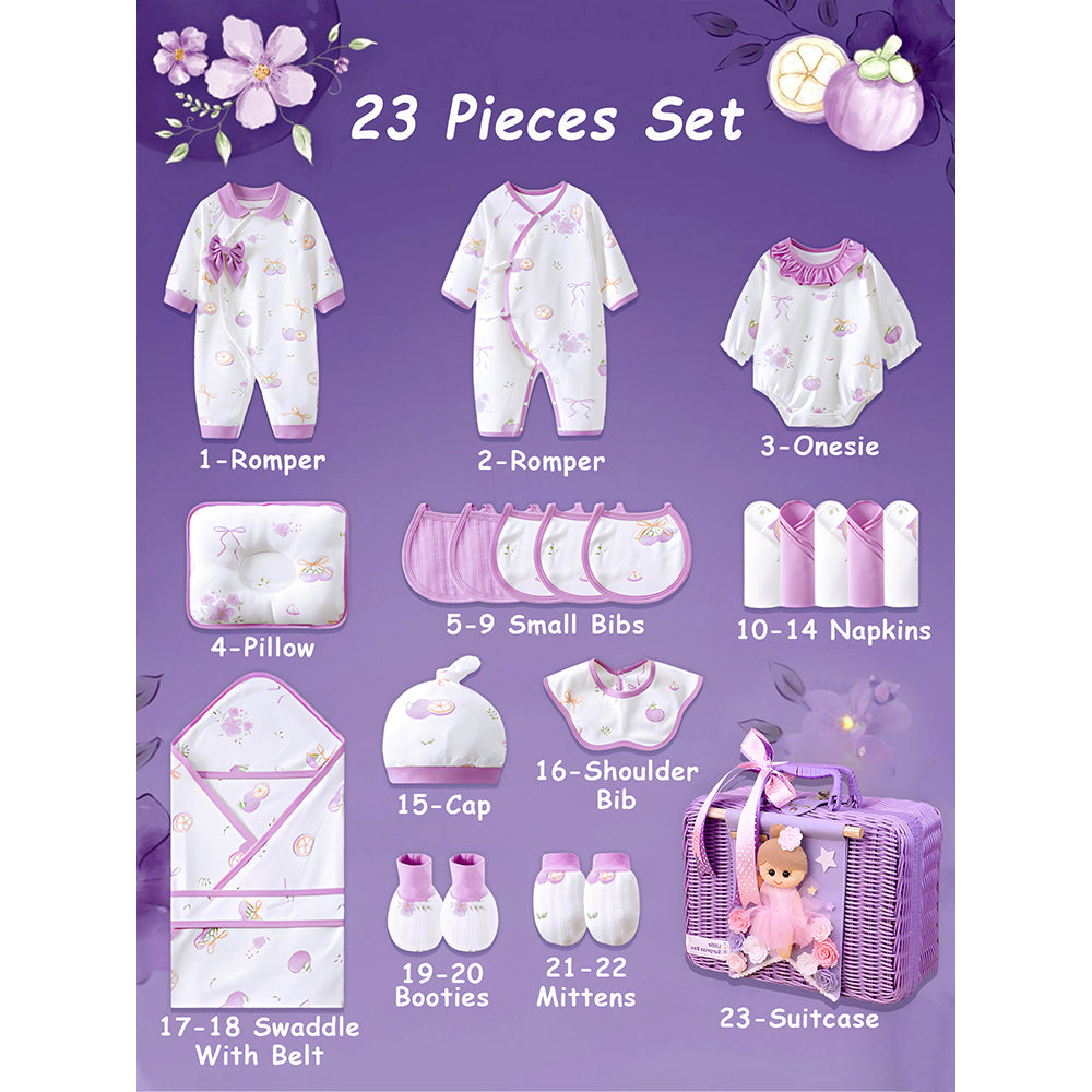 23 pcs Fairy Bow Newborn Baby Girl Gift Box set, All Season Wear Hamper with luxury designed Storage Cane Basket (0-12 months)
