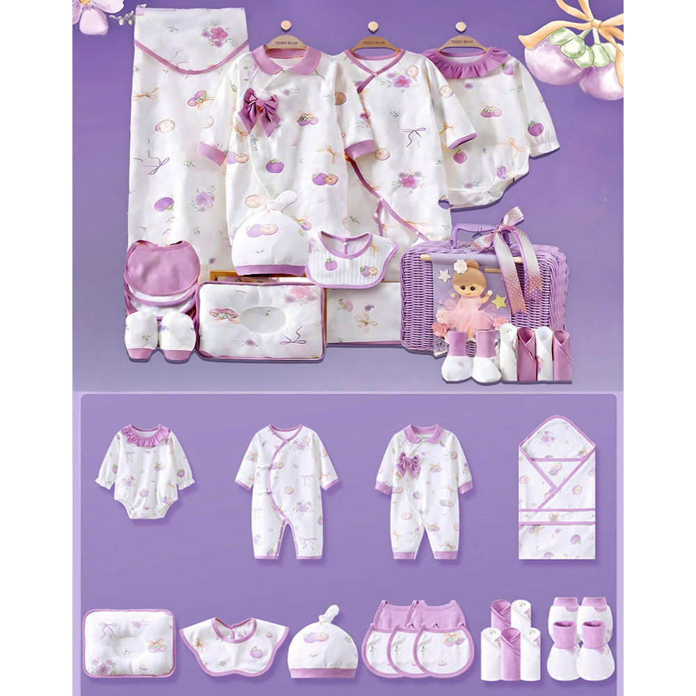 23 pcs Fairy Bow Newborn Baby Girl Gift Box set, All Season Wear Hamper with luxury designed Storage Cane Basket (0-12 months)