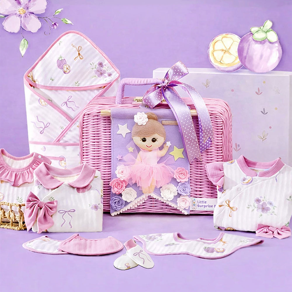 23 pcs Fairy Bow Newborn Baby Girl Gift Box set, All Season Wear Hamper with luxury designed Storage Cane Basket (0-12 months)