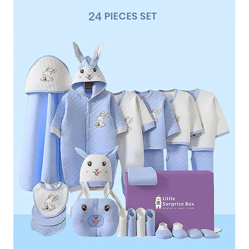 24 Pcs Winter Wear White Blue Dual Bunny Newborn Baby Girl/ Boy Gift Hamper Box