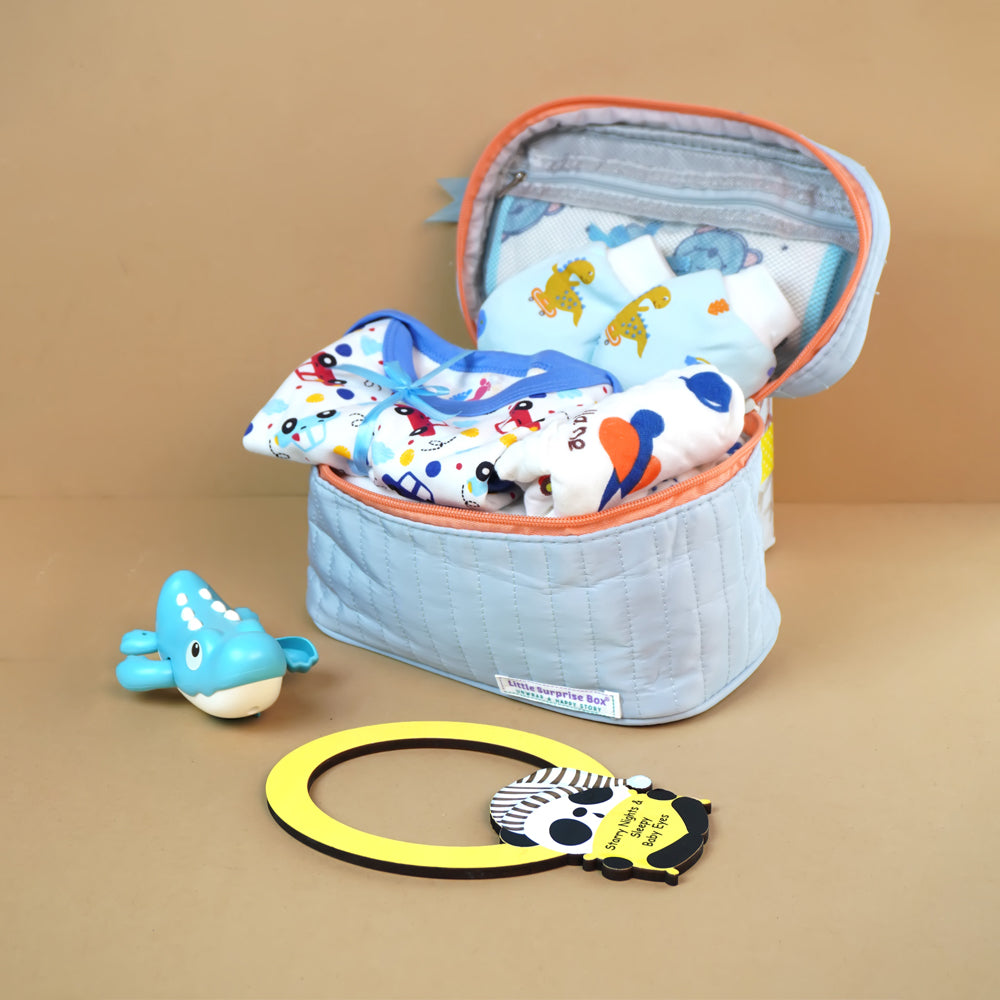 Little Surprise Box,13 pcs Blue Monkey soft Satin pouch Newborn Hamper /Gift Box for Baby, 0-6 months