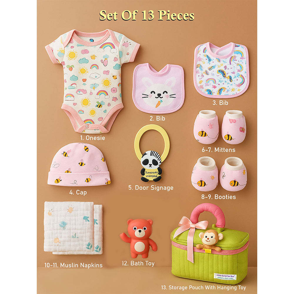 13 pcs Pink Monkey soft satin pouch Newborn Hamper /Gift Box for Baby, 0-6 months