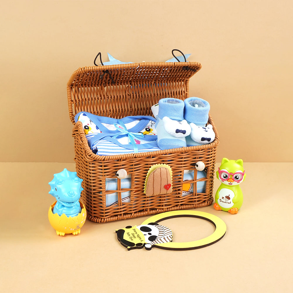 15 pcs Blue Blessed Home cane basket Newborn Hamper/Gift Box for Baby Boy, 0-6 months