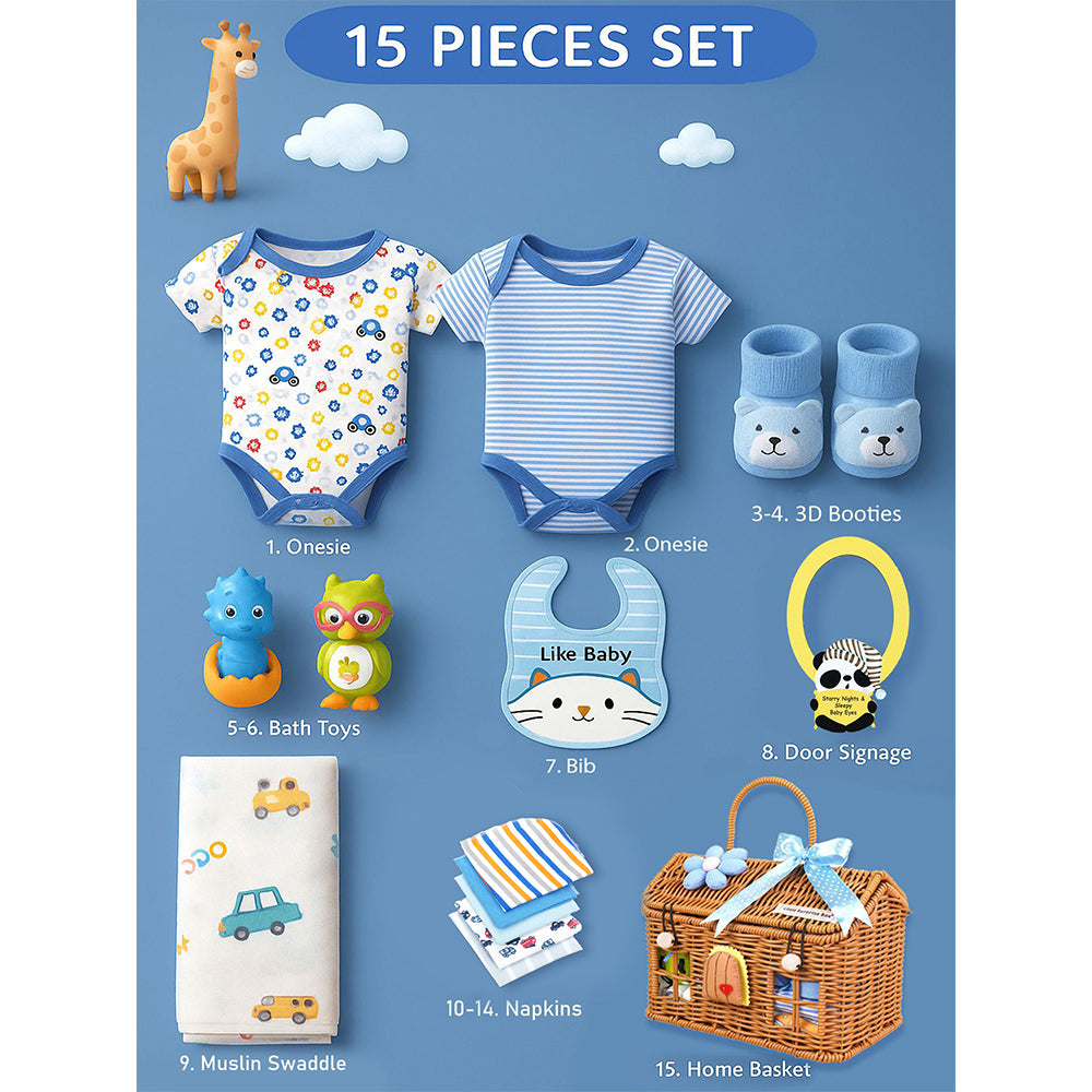 15 pcs Blue Blessed Home cane basket Newborn Hamper/Gift Box for Baby Boy, 0-6 months