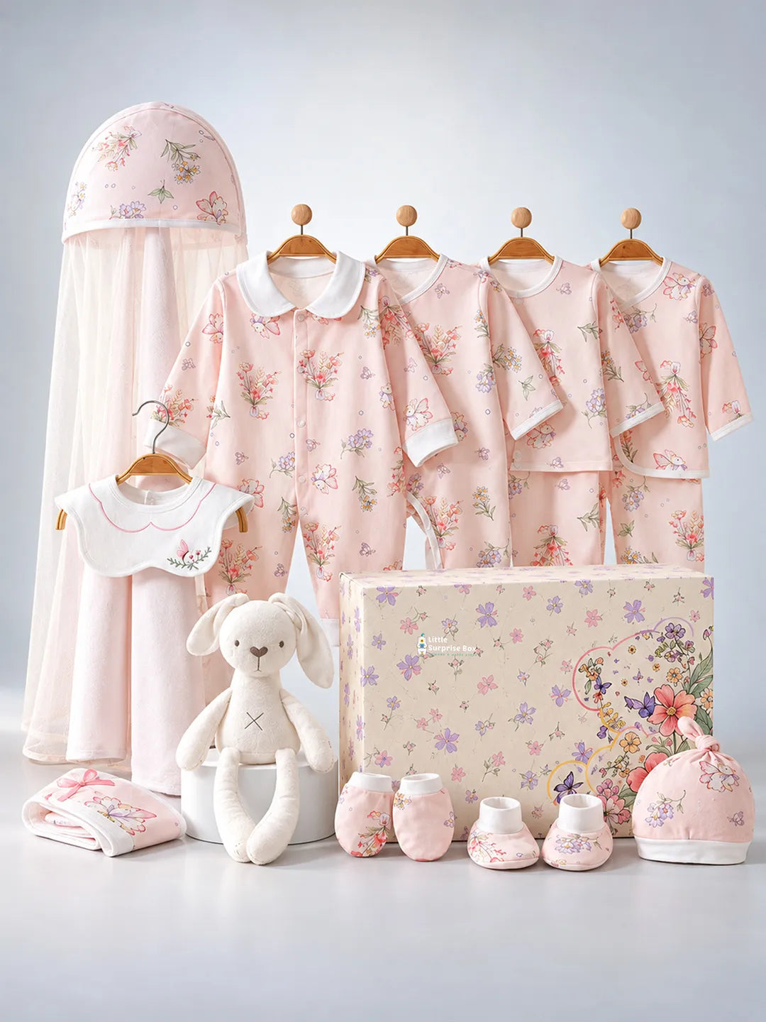 15 pcs Bunny Wings Floral Newborn Baby Girl Gift Box All Season Wear Hamper(0 - 6 months)