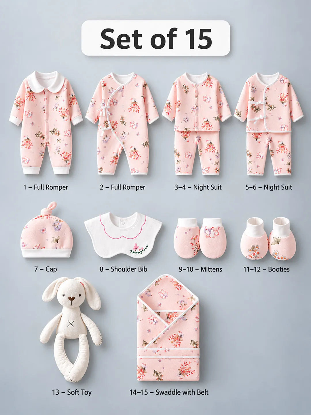 15 pcs Bunny Wings Floral Newborn Baby Girl Gift Box All Season Wear Hamper(0 - 6 months)