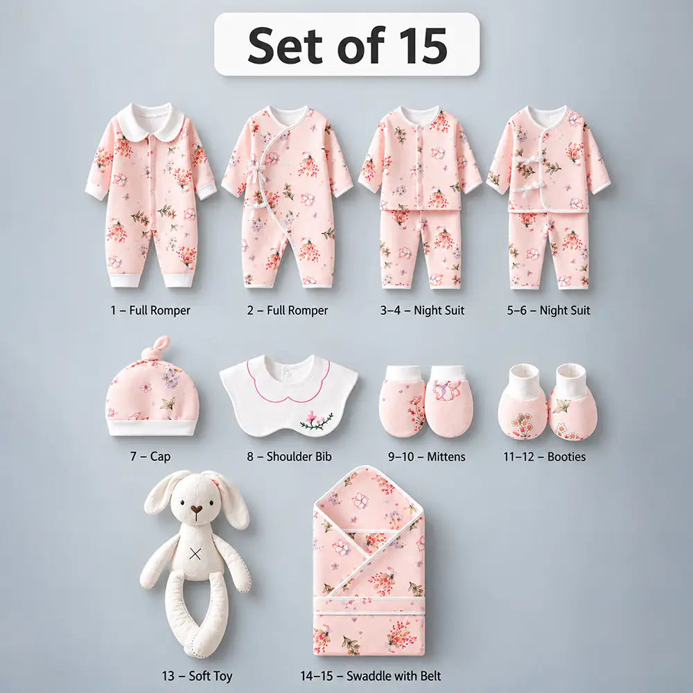 15 pcs Bunny Wings Floral Newborn Baby Girl Gift Box All Season Wear Hamper(0 - 6 months)