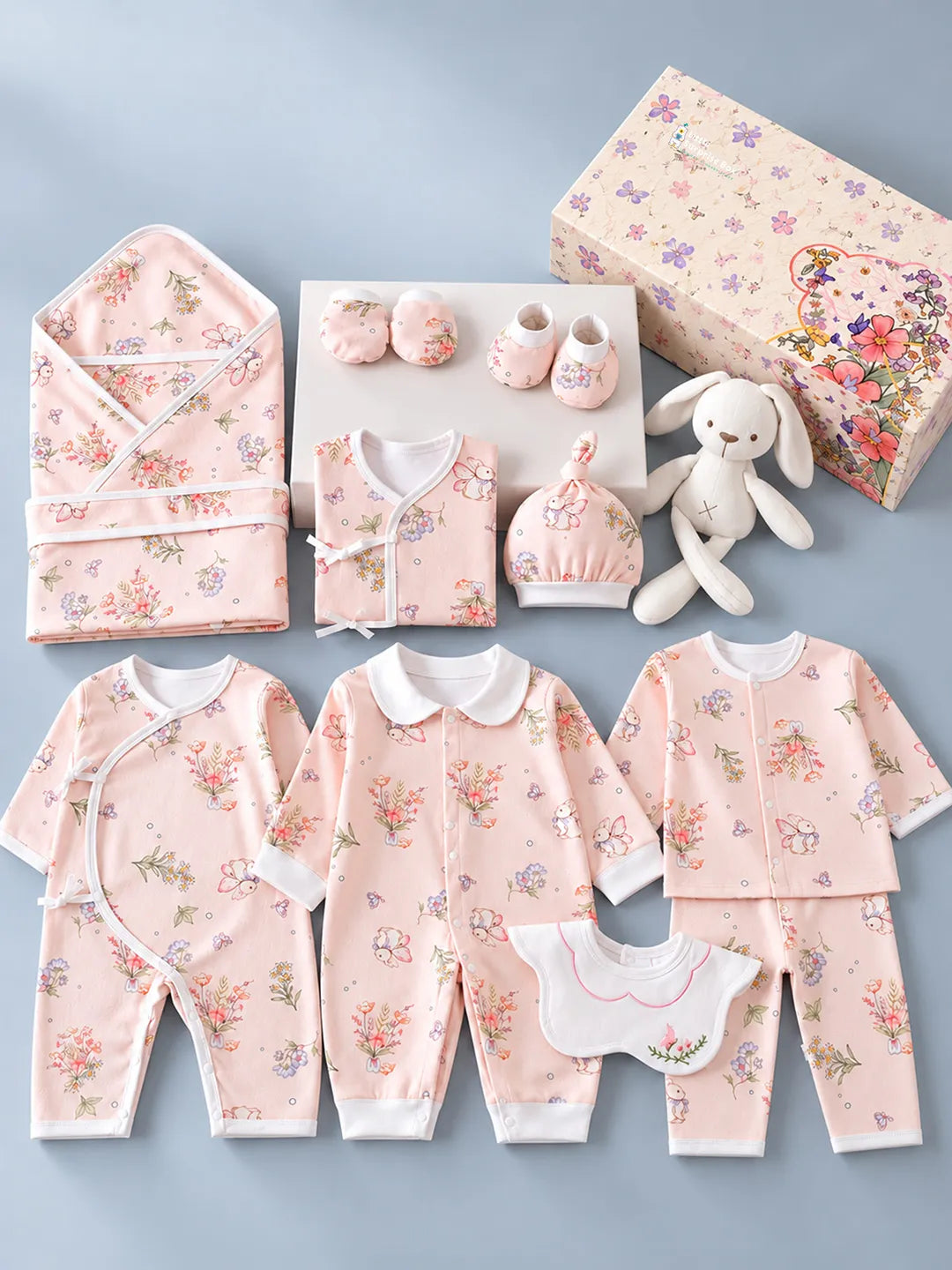 15 pcs Bunny Wings Floral Newborn Baby Girl Gift Box All Season Wear Hamper(0 - 6 months)
