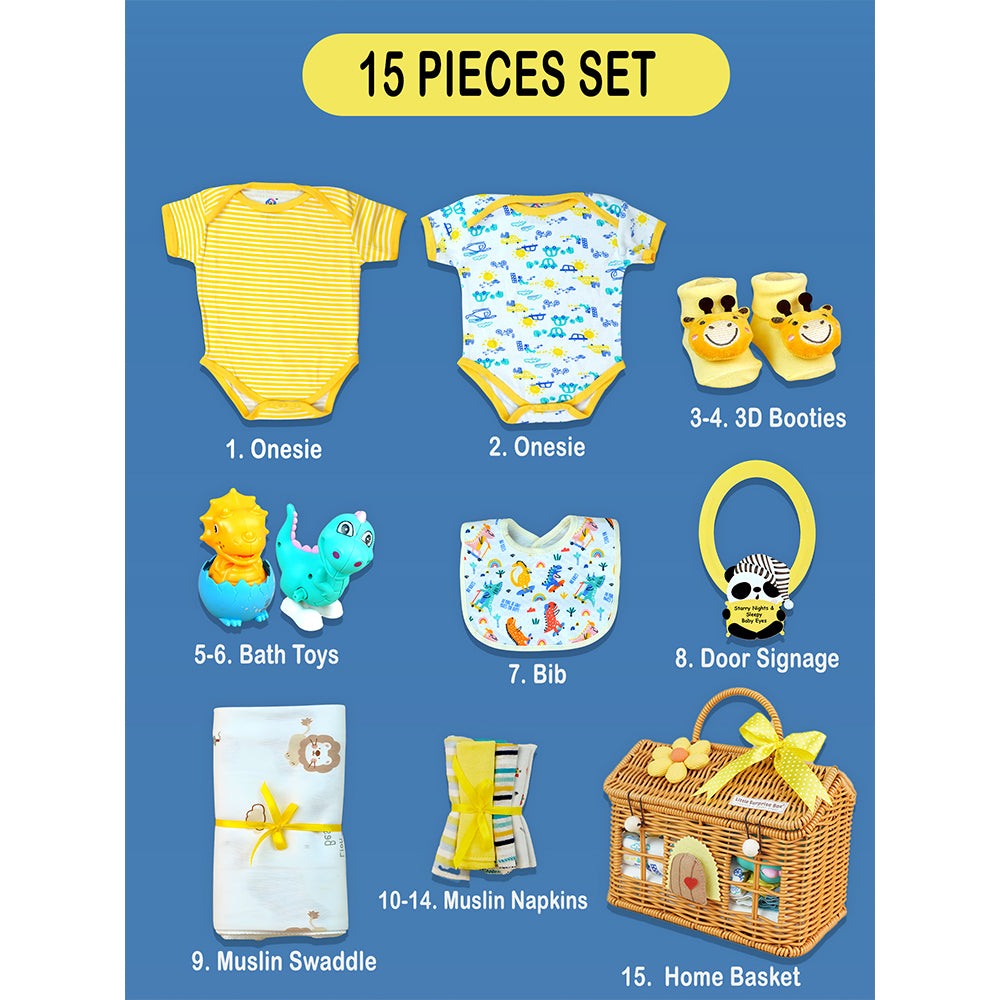 15 pcs Yellow Blessed Home cane basket Nuetral gender Newborn Hamper/Giftbox set for Newborn Baby Girl/Boy ,0-6 months