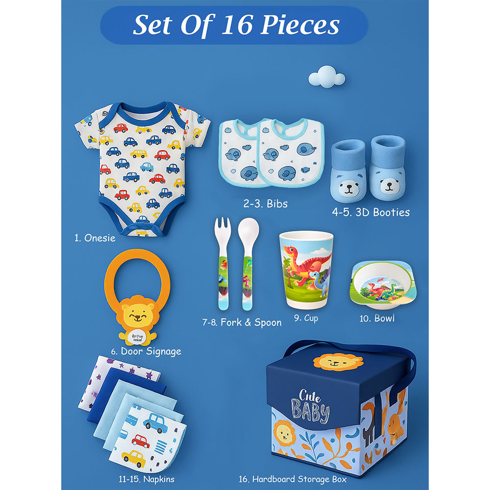 16pcs Blue King Lion Newborn Hamper/Gift Box for Baby Boy, 0-6 months