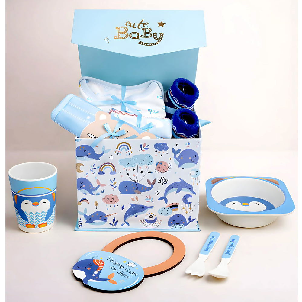 16 pcs Blue Whale Newborn Hamper/Gift Box for Baby, 0-6 months