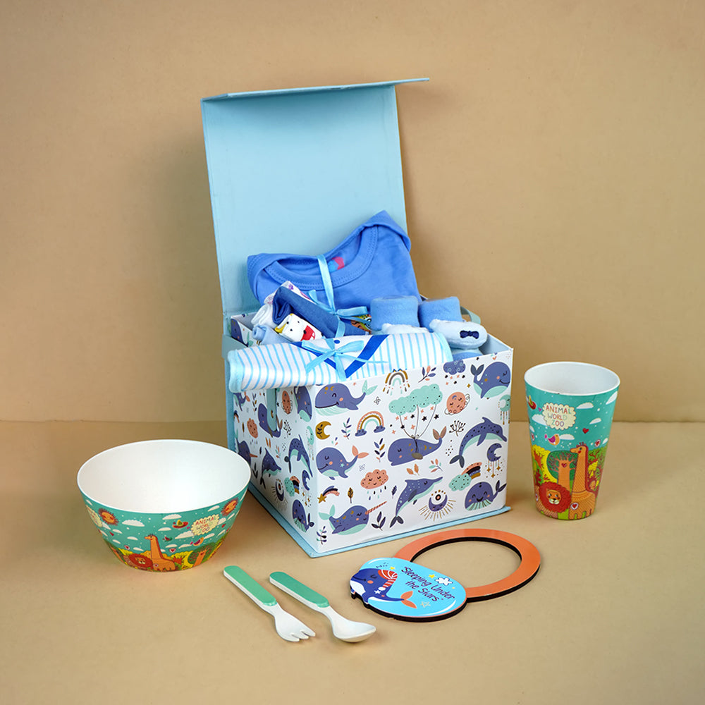 16 pcs Blue Whale Newborn Hamper/Gift Box for Baby, 0-6 months