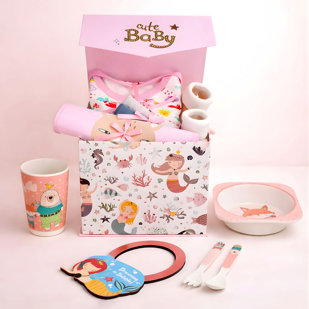 16pcs Pink Mermaid Newborn Hamper/Gift Box for Baby Girl, 0-6 months