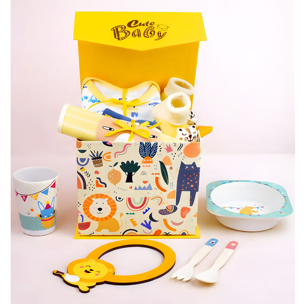 16 pcs Yellow King Lion Newborn Hamper/Gift Box for Baby Boy/Baby Girl, 0-6 months