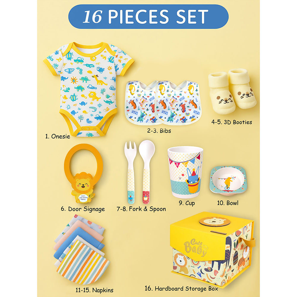 16 pcs Yellow King Lion Newborn Hamper/Gift Box for Baby Boy/Baby Girl, 0-6 months