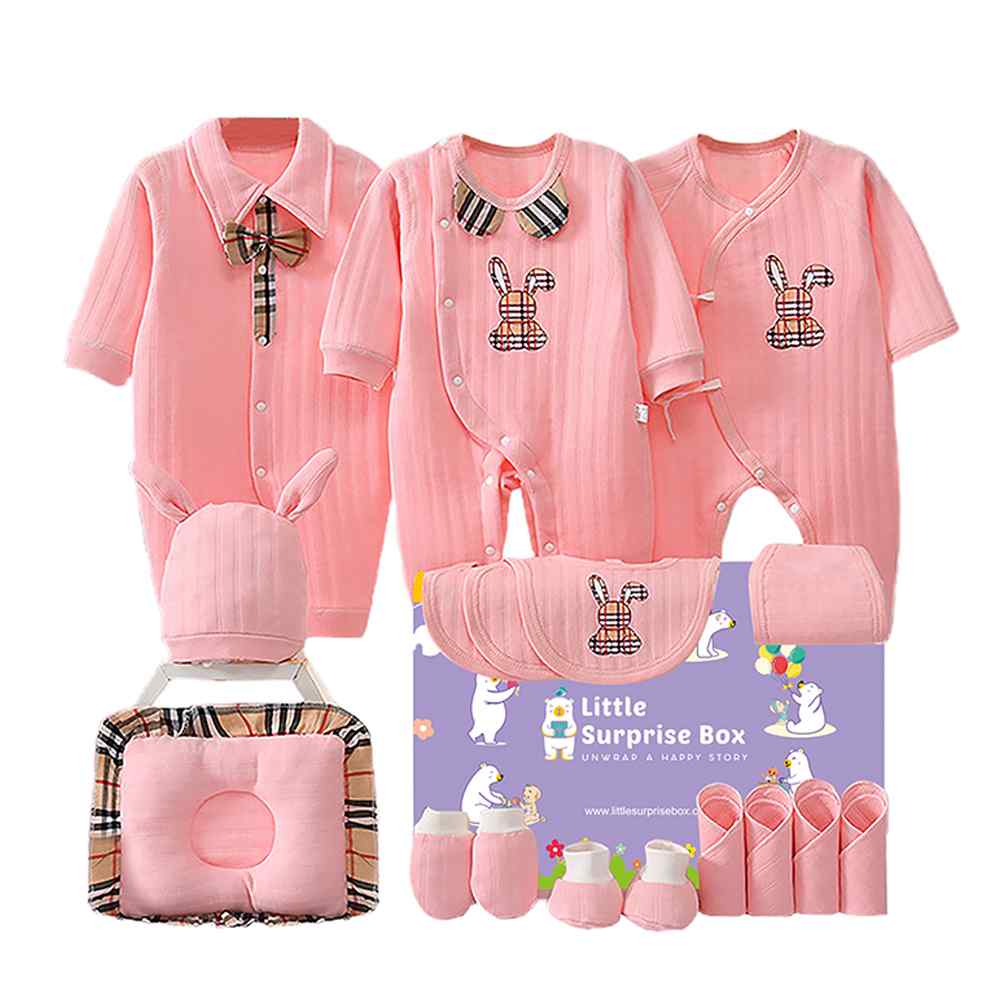 17 pcs Pink Buny Checks Newborn Baby Girl/Baby Boy Gift Hamper Set, 0-6 months