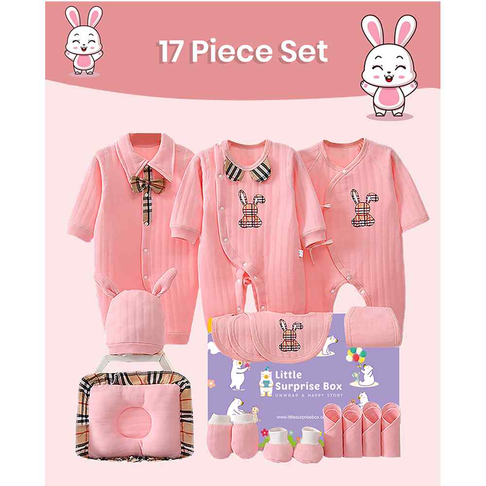 17 pcs Pink Buny Checks Newborn Baby Girl/Baby Boy Gift Hamper Set, 0-6 months