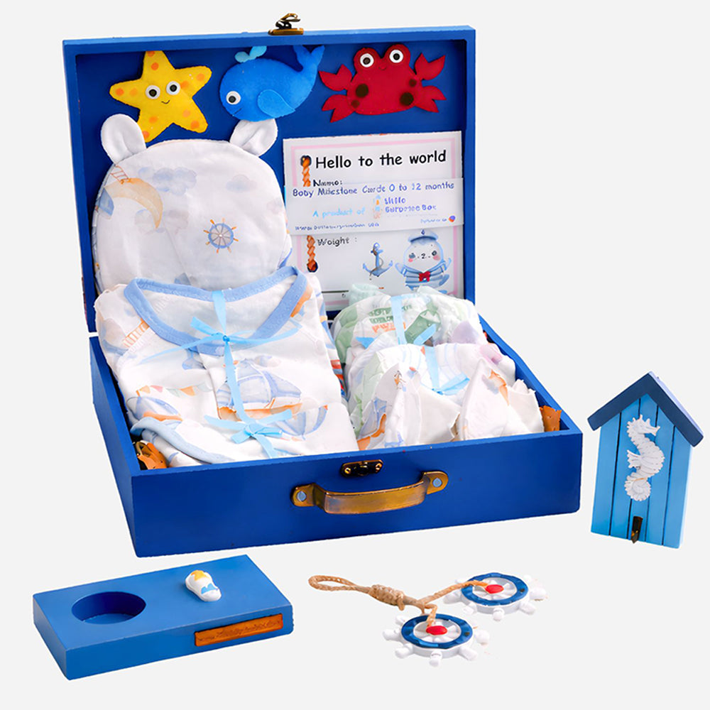 18pcs Nautical Wooden Suitcase Giftbox for a newborn Baby Boy, All season wear Giftset for Baby, 0-6 months