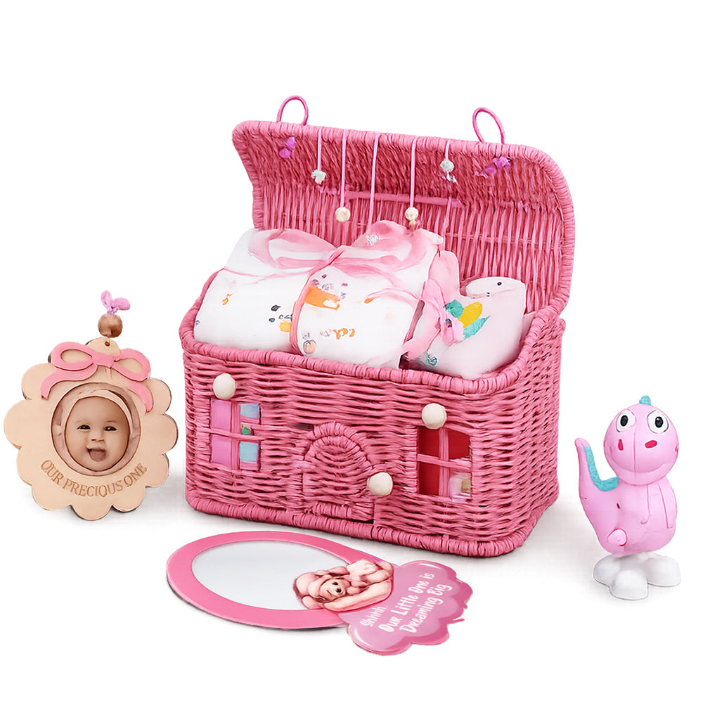 19 pcs, Pink Teddy Home cane basket themed Newborn Baby Girl, All Season wear,Gift Hamper set, 0-6 months