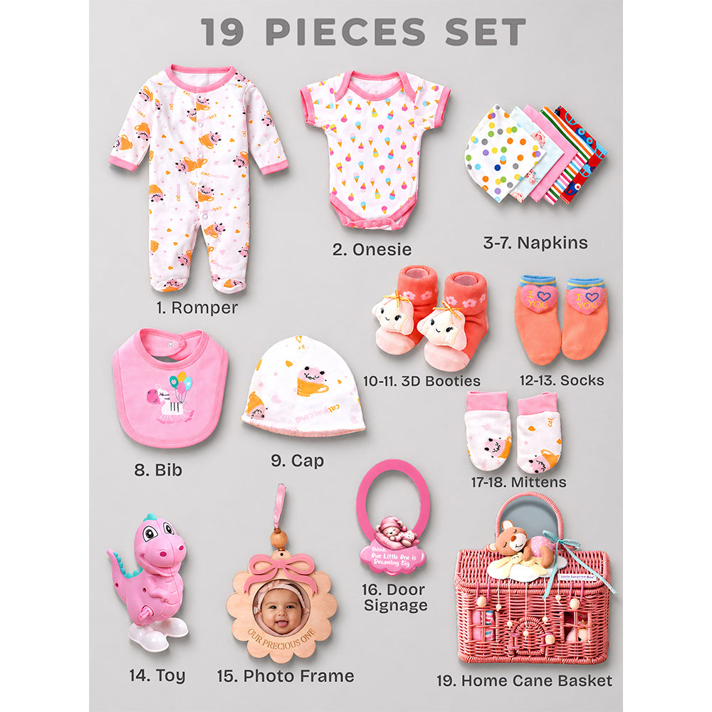 19 pcs, Pink Teddy Home cane basket themed Newborn Baby Girl, All Season wear,Gift Hamper set, 0-6 months